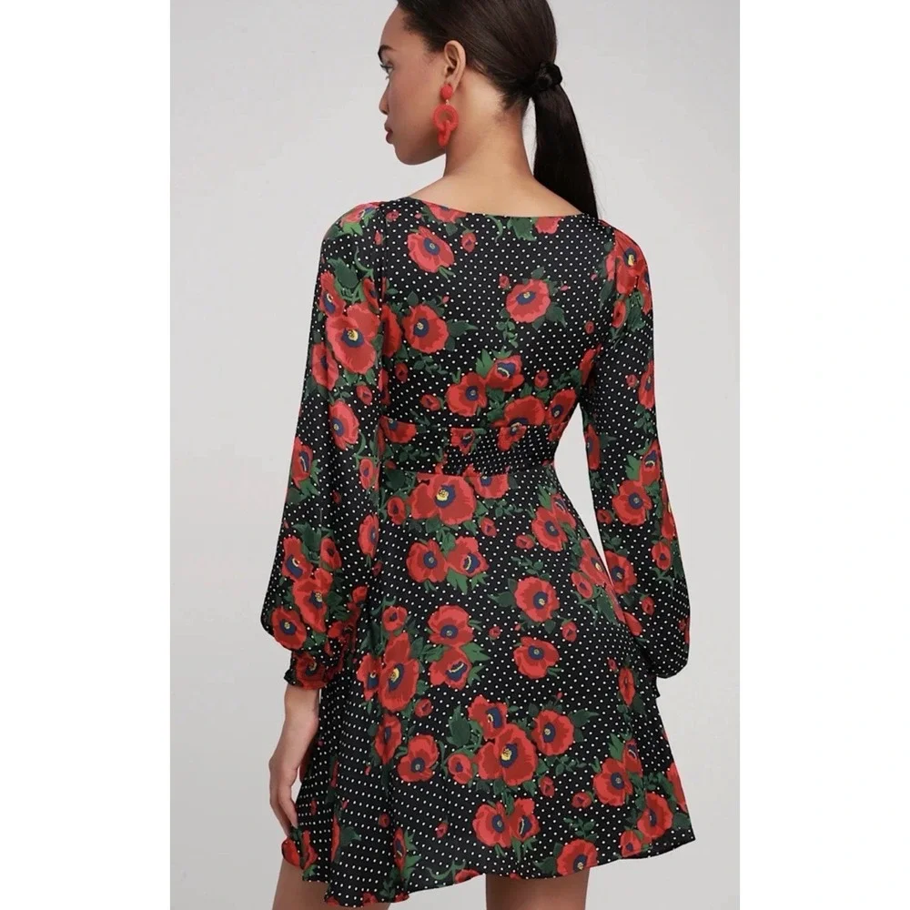 Free People Black Red Floral Mini Dress Balloon Sleeve Peasant Fairy Western